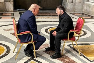 Ukrainian President Volodymyr Zelensky meeting with US President Donald Trump when they attended Pope Francis’ funeral in Vatican City on 26 April